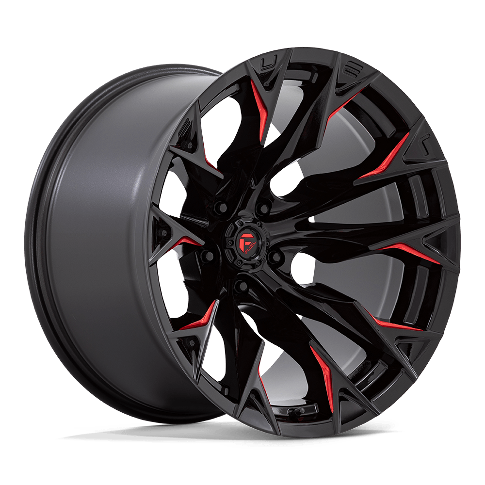 20X12 Fuel 1PC D823 FLAME 5X5.0 -44MM GLOSS BLACK MILLED WITH CANDY RED