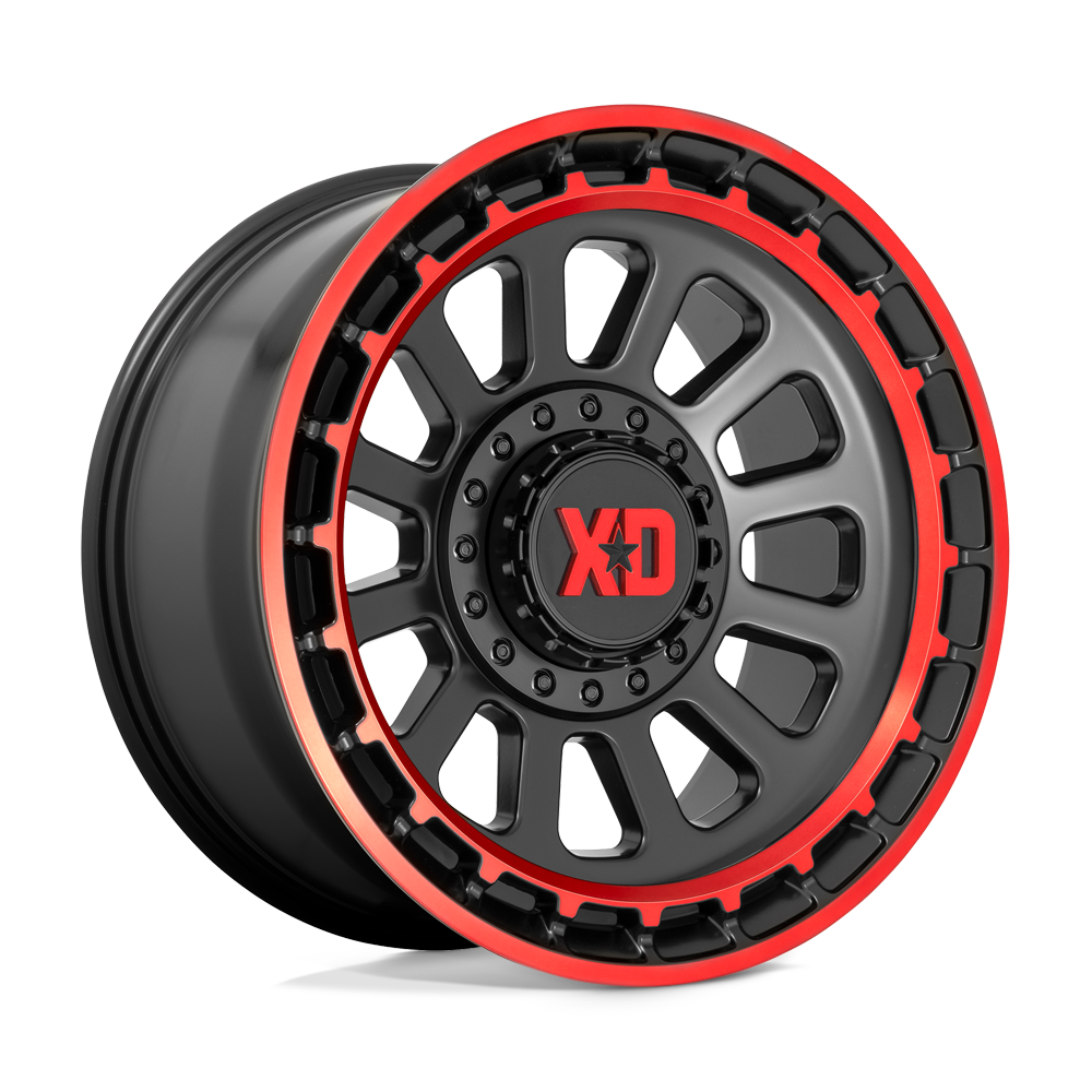 20X10 XD XD856 OMEGA 8X6.5 -18MM SATIN BLACK MACHINED LIP WITH RED TINT